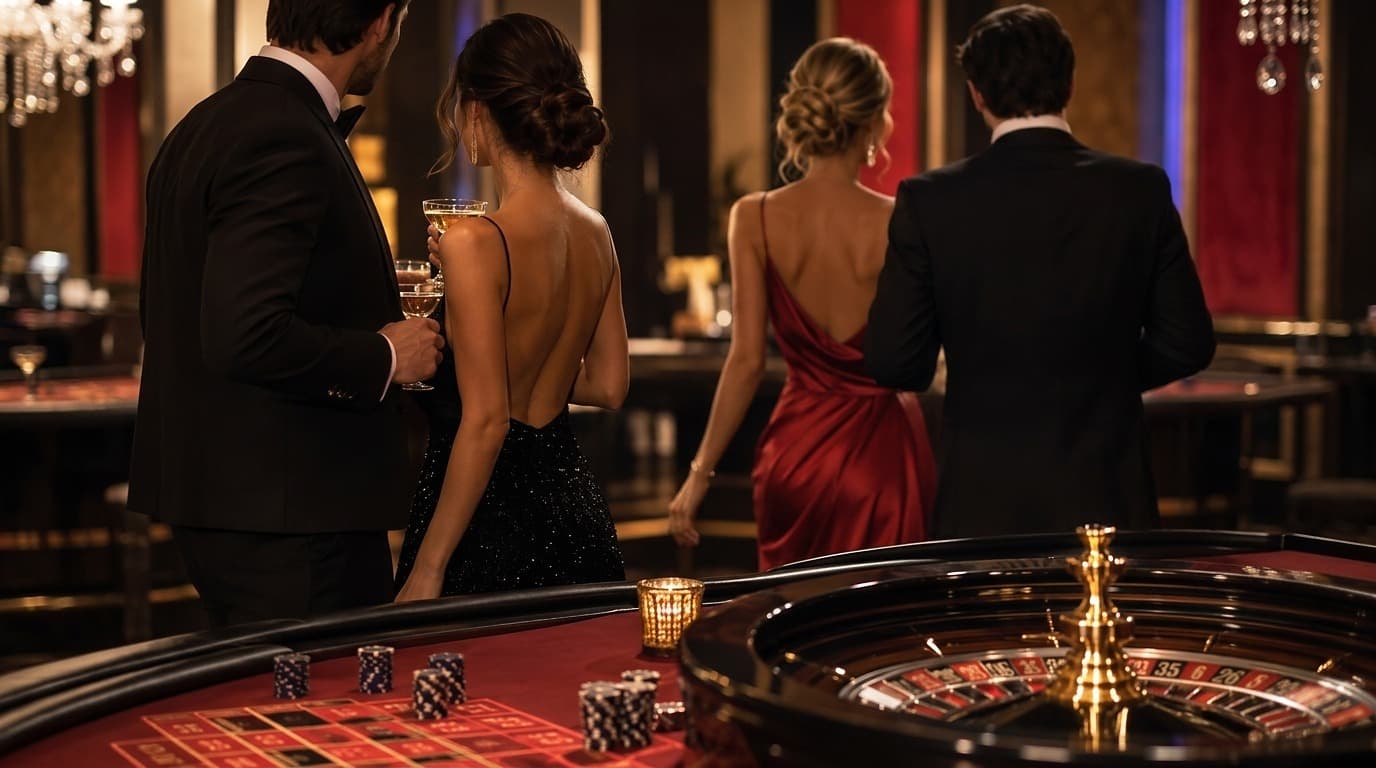 Elegant couples in black-tie attire at a roulette table during a casino night event at Inn on Fifth in Naples, Florida
