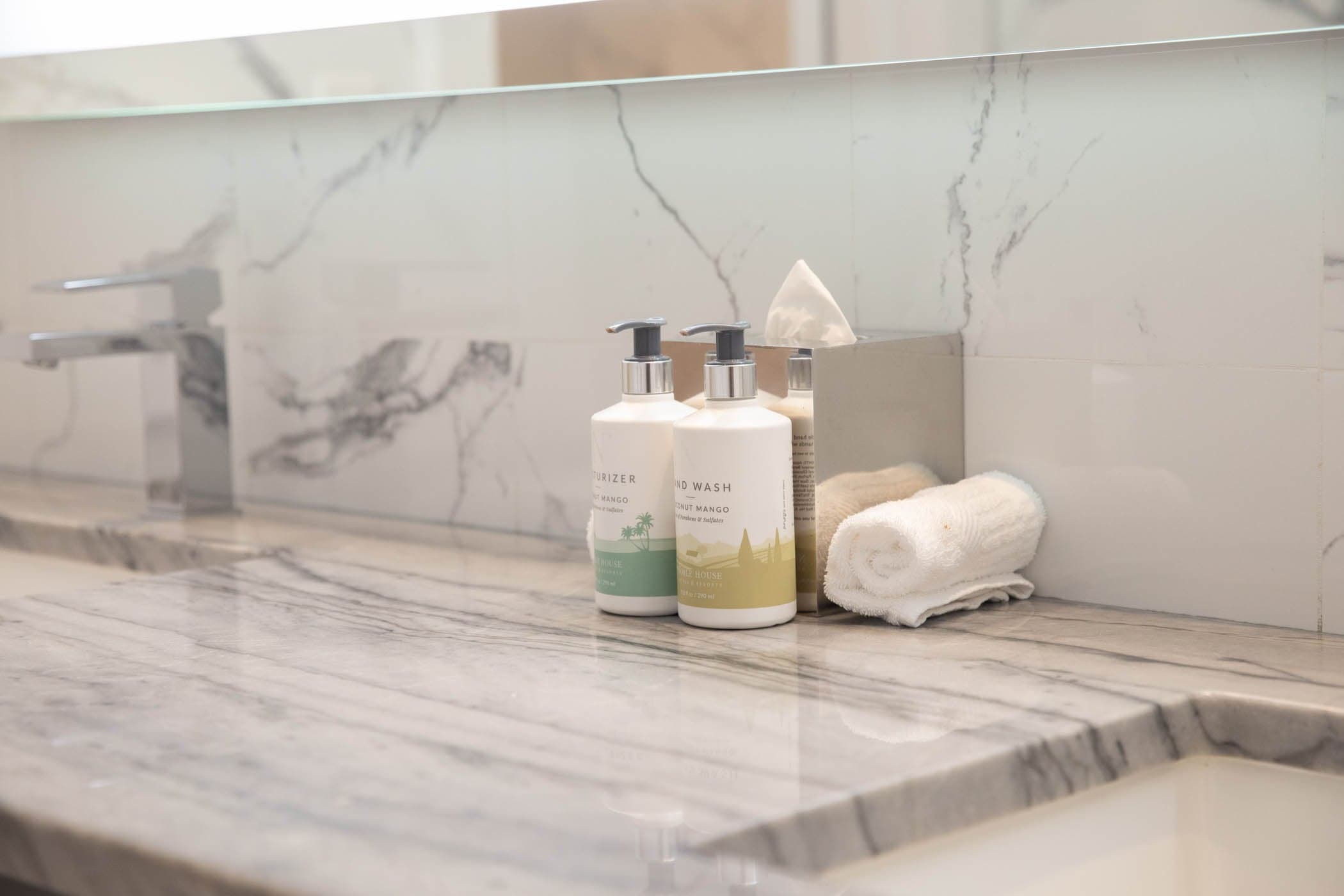 Bathroom counter with body wash products