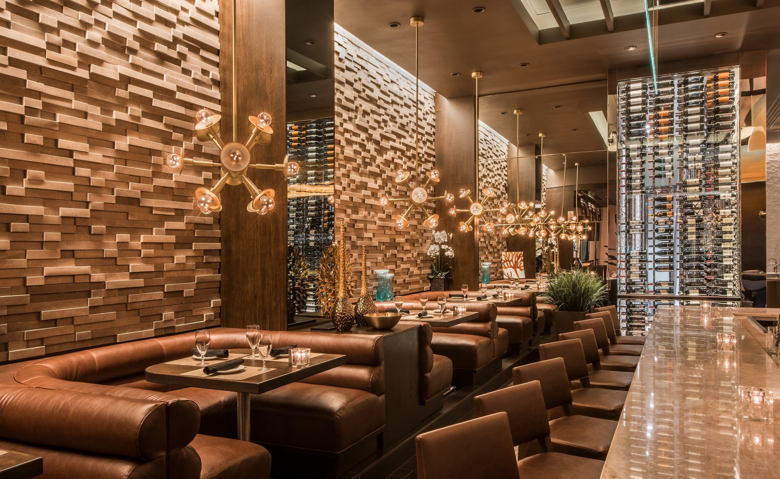 Fine dining restaurant with leather banquettes in downtown Naples, Florida